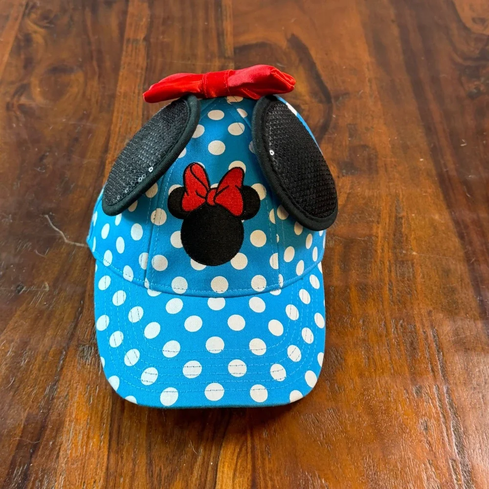 Disney Minnie Mouse Polka Dot Snapback Hat Blue Sequin Ears Red Bow Baseball Cap